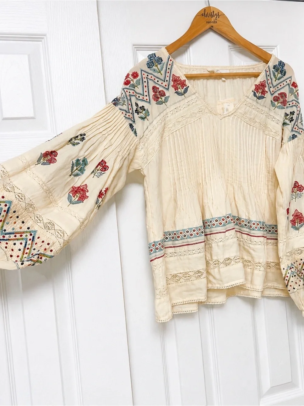 By Anthropologie Kayla Top Small Boho Peasant Lace Embroidered Puff Sleeve Shirt